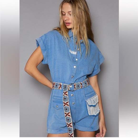 POL Pants - POL Vintage Blue Denim Button-Up Romper with White Lace Details